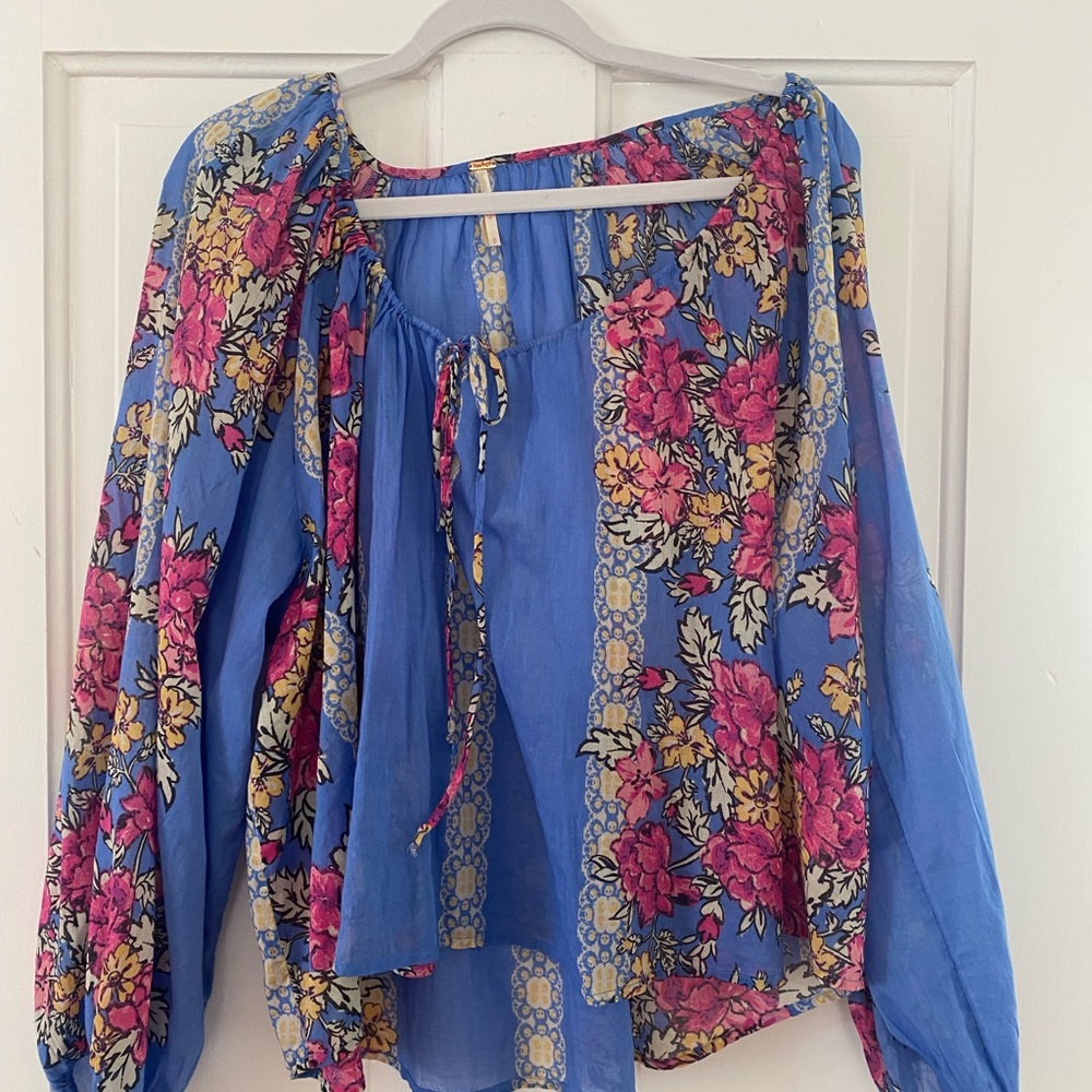 Free People Asymmetrical Blue Pink Blouse